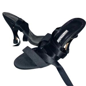 Hollywould Black Silk Satin Ankle Wrap Ballet Heels Women’s Evening Shoes Size 5